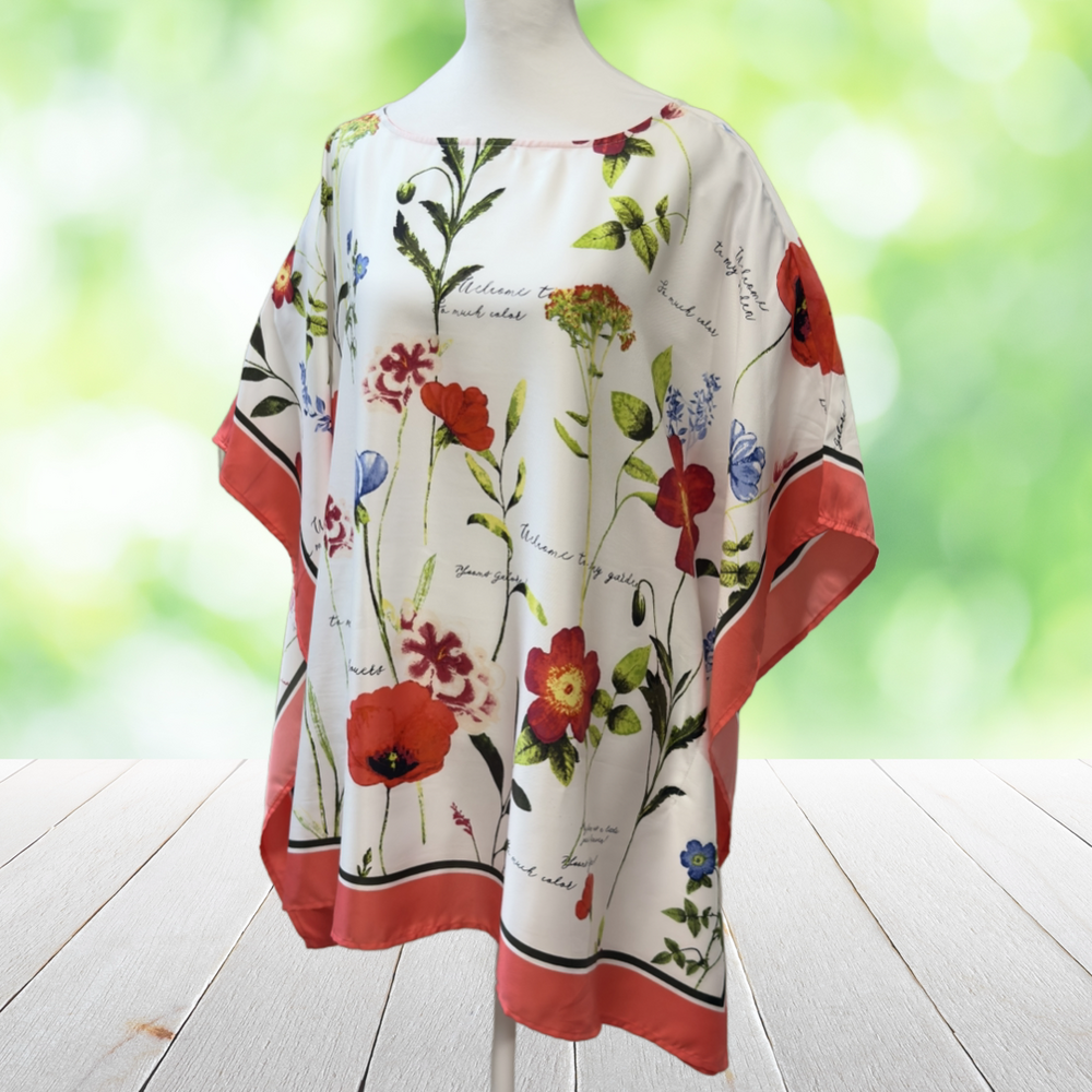New CHICOS Scarf Tunic Top Floral Poppies Garden Satin Artsy NWT Size 1 (S/M)